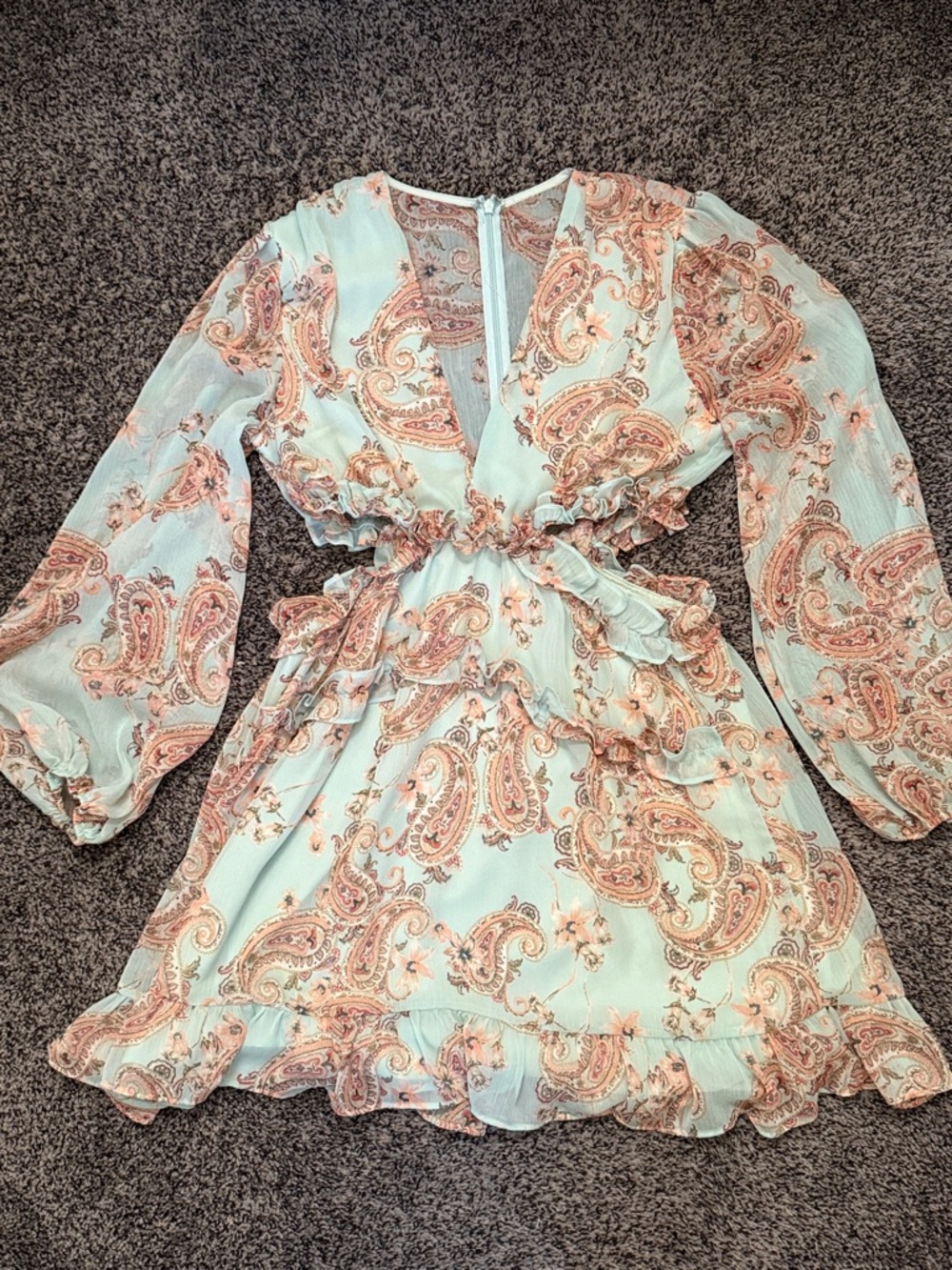 SHEIN Mint Green Paisley Long Sleeve Ruffle Dress Size 10